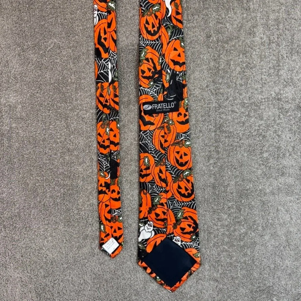 Fratello Mens Halloween Tie Orange Jack-O-Lantern Pumpkin Ghost Spiderweb Black